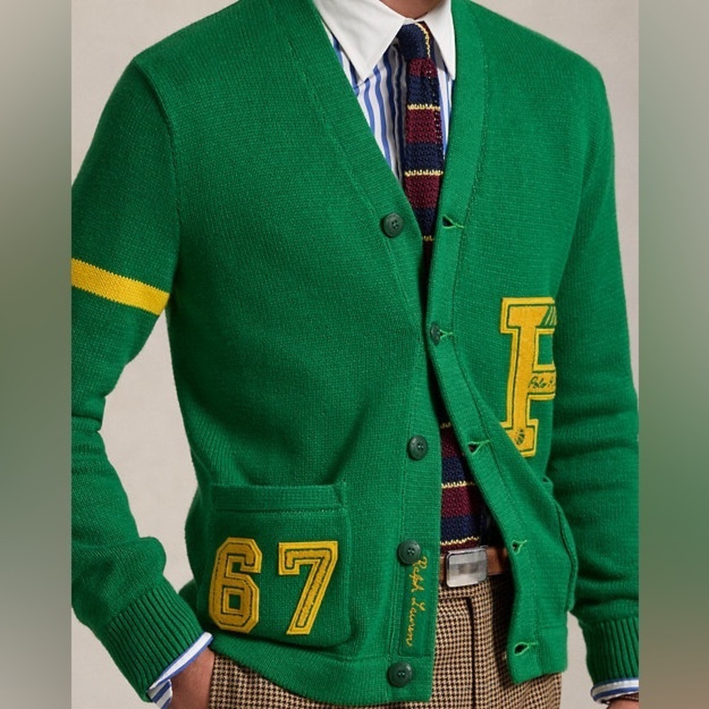 Polo by Ralph Lauren Green Wool Varsity Cardigan with Yellow Patch - Picture 5 of 11